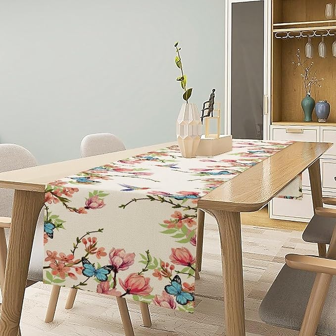 Floral Butterfly Table Runner Seasonal Spring Flower Bird Table Decoration Table Runner for Home Party Decoration 13x120 Inch
