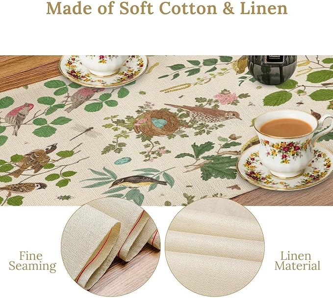 Vintage Bird Flower Table Runner Seasonal Spring Summer Garden Plants Farmhouse Country Kitchen Dining Table Decoration for Home Party Holiday 13"x90"