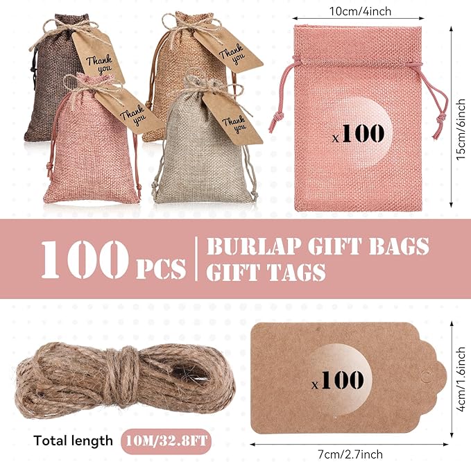 Burlap Drawstring Gift Bags 100 Pack with Kraft Tags and Hemp Rope