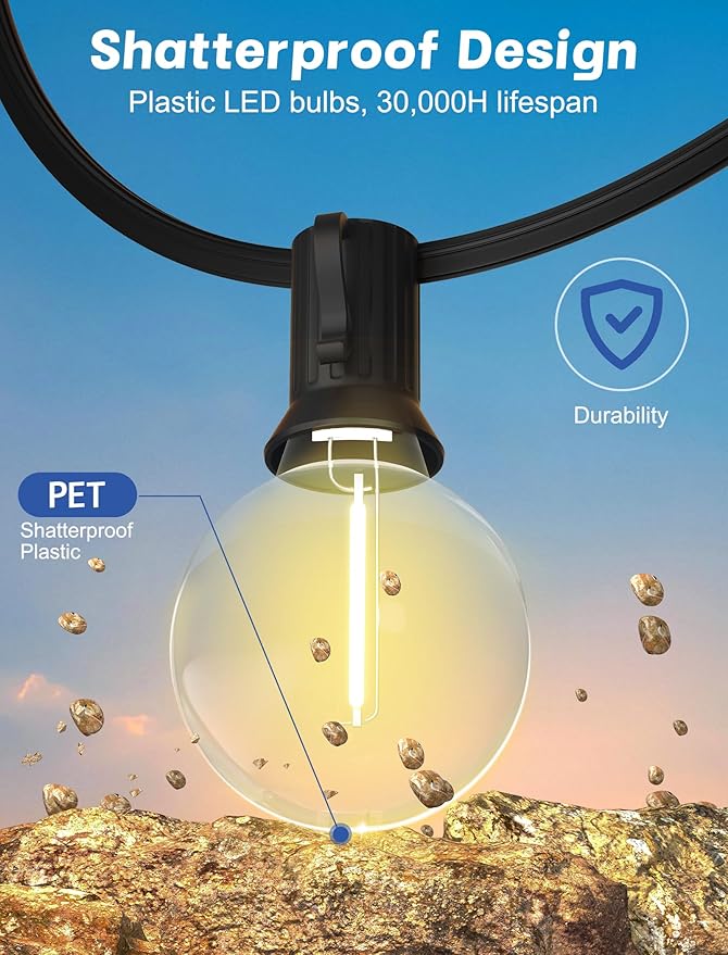 String Lights 25 Ft G40 LED Globe, Warm White on Black Wire