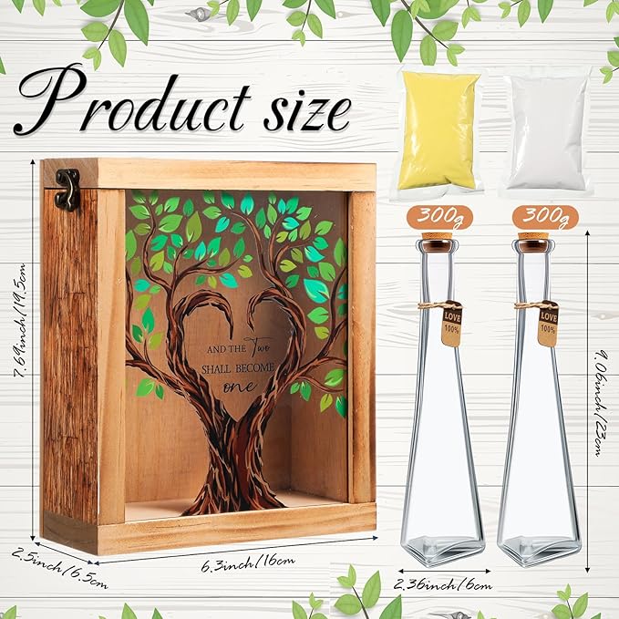 Wedding Sand Ceremony Vases Set with Wooden Shadow Box, White and Yellow Sand