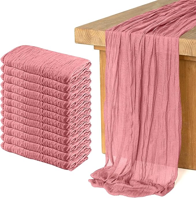 12 Pack Cheesecloth Table Runner, Runner Gauze Boho Wedding Decor Romantic Table Runner for Wedding Birthday Party(35" x 118")(Pink)