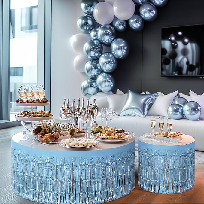 1 Pack Light Blue Table Skirts, 29x108" Metallic Foil Tinsel Fringe Table Skirts for Rectangle Tables Streamer Curtains Backdrop, Party Decorations for Birthdays Weddings Holidays