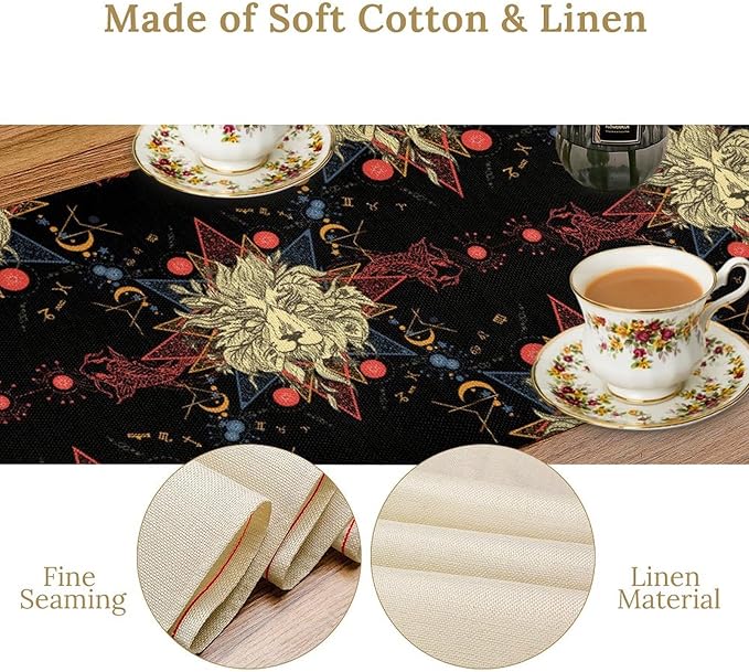 Boho Moon Lion Table Runner, Chinese Fish Phase of The Moon Sun Moon Table Runner for Kitchen Dining Table Home Party,13x108 Inch Black Red