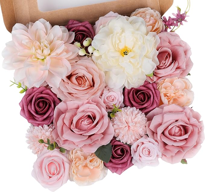 AGIRL Rose Artificial Flowers Combo Fake Flowers Pink Roses Silk Flowers with Stems for DIY Bridal Wedding Bouquets Centerpieces Arrangements Table Party Baby Shower Home Decor (Champagne Pink)