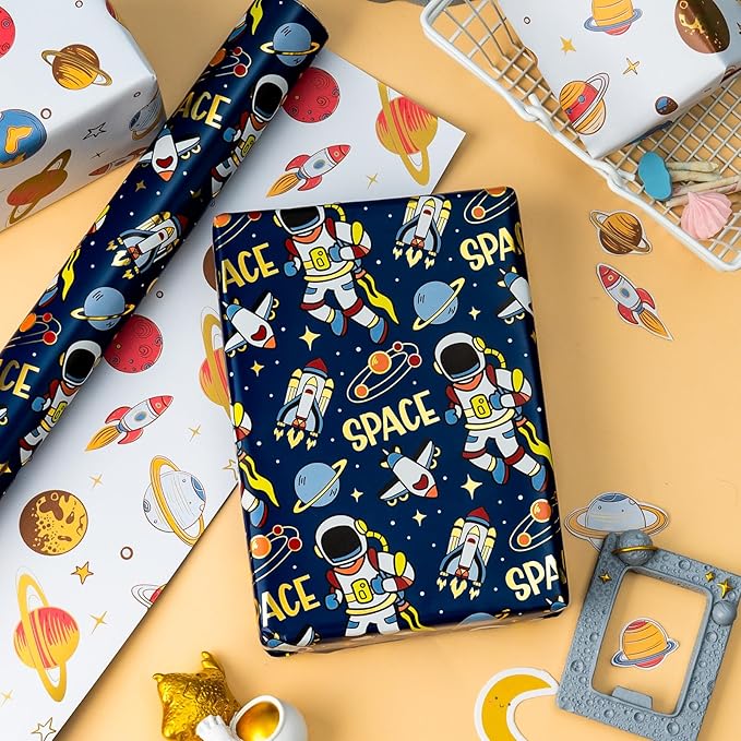 Yarcony Space Wrapping Paper Roll, Birthday Wrapping Paper for Boys, Navy Blue Astronaut Gift Wrap for Kids Birthday Outer Space Party Decor RocketShip Wrap Galaxy Planets Stars (30 Inch X 33 Feet)