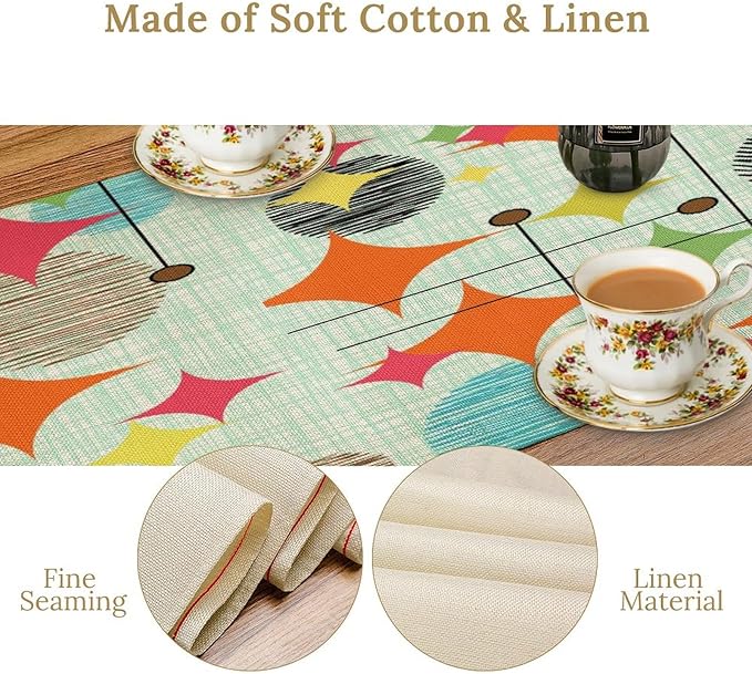 Mid Century Table Runner,Abstract Retro Modern Geometric Colorful Stripe Pattern Print Tablecloth Burlap for Hotel Indoors Outdoor Dining Room Kitchen Holiday Party, 13x36in