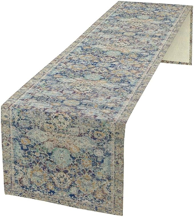 Vintage Boho Floral Table Runner, Rustic Country Farmhouse Blue Yellow Retro Flower Pattern for Home Kitchen Table Decor Dining Coffee Room Party Decor 13x90in