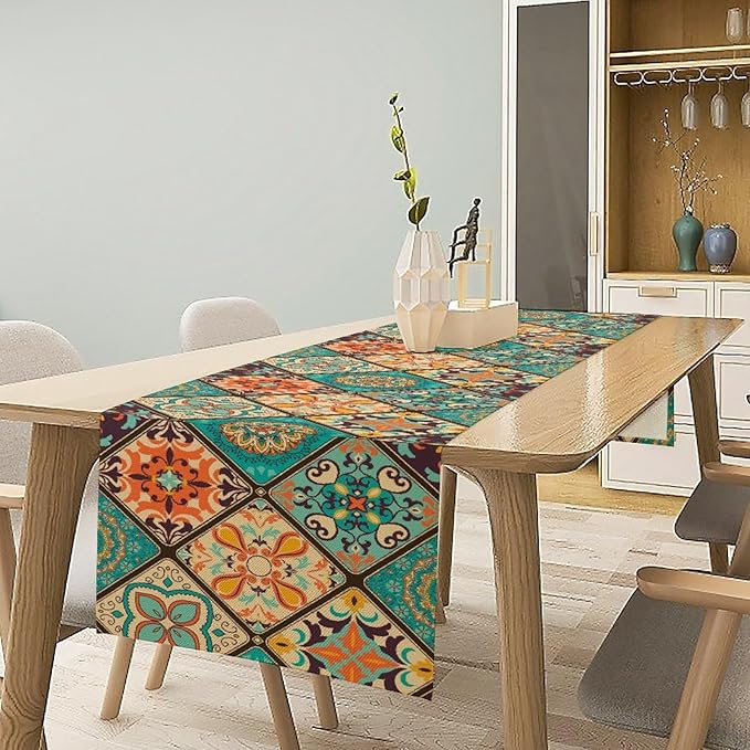Boho Floral Table Runner,Vintage Bohemian Style Table Runner for Kitchen Dining Table Home Party Decoration 13x120 Inch