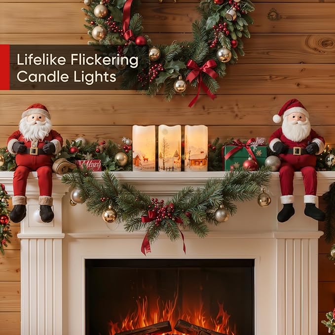 Homemory Christmas Flameless Candles Battery Operated with Snowman, Remote Control and Timers, Real Wax LED Pillar Candles for Rustic Country Home Farmhouse Cabin Decor, Set of 3, 3”x 6”