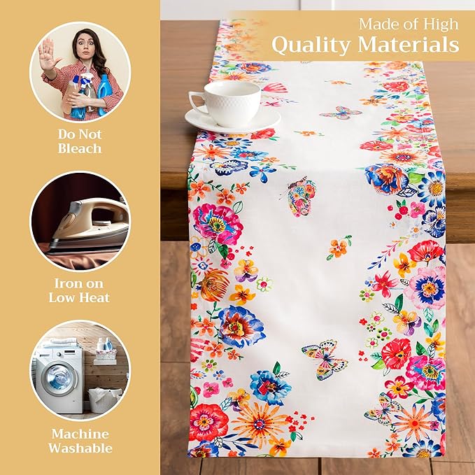 Maison d' Hermine Table Runner 100% Cotton Single Layer Table Runners 108 inches Long Decorative for Home Dining Party Wedding Bridal Shower Spring Summer (Happy Florals - High Summer, 14.50" x 108")
