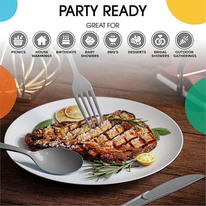 Plastic Cutlery Set, 300 Pieces in Silver with Forks, Spoons and Knives