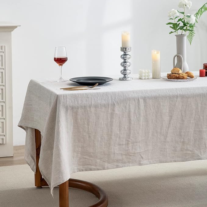 EVERLY100% Pure Linen Rectangle Tablecloths132Lx60WInch for Dining,Buffet Parties,Picnic,Events,Weddings and Restaurants,Decorative Halloween,Thanksgiving Machine Washable Tablecloths-Natural Linen