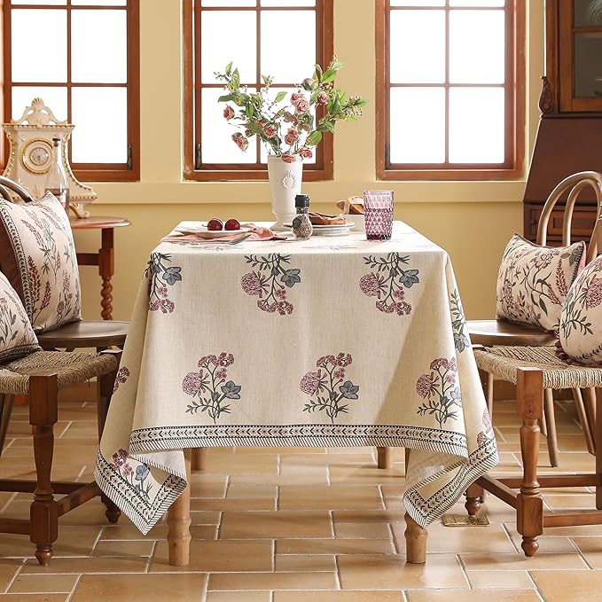 Rectangular Tablecloth 67 x 118 Inch Linen Blend Floral Design