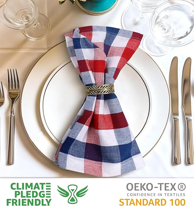 Cloth Napkins Checkered Red White Blue 100% Cotton 20x20 Inch