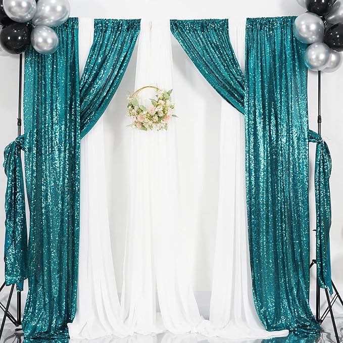 Poise3EHome 2Pcs 2Ft x 8Ft Teal Sequin Backdrop Curtains, Glitter Photography Background, Sequence Xmas Thanksgiving Backdrop for Wedding Party Holiday Festival Decor