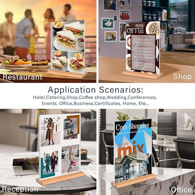 Kersally Acrylic Sign Holder 8.5 x 11, 3 Pack Double-Sided Clear Table Display Stands with Wood Base,Vertical Acrylic Frame Menu Flyer Paper Holder for Stores, Restaurants, Hotels, Office, Show Fair
