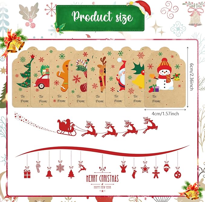 Zonon 720 Pieces Self Adhesive Christmas Gift Tag Xmas Kraft Name Tags Natural Kraft Xmas Stickers Paper Tags Labels for Christmas Decoration(Stylish Style)