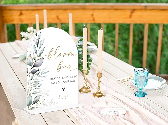 Acrylic Wedding Signs, Greenery Theme Bloom Bar Sign, Wedding Reception Signage, Bridal Shower Table Decor with Stand, Bloom Bar Supplies for Engagement, Anniversary, Newlywed Events and Parties, 01