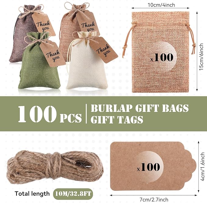 Burlap Gift Bags 100 Pack, 4 x 6 Inch Drawstring with Kraft Tags