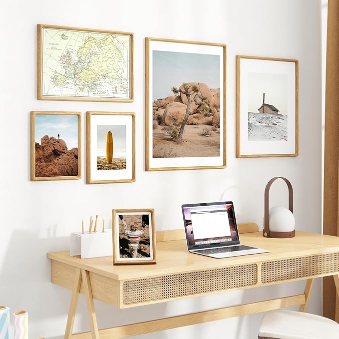 8.5x11 Picture Frame USA-Sourced Natural White Oak Wood Solid Original Wood Photo Frame Handcrafted Rounded Corner with Mat to 6x8 Picture Display with Real Glass Famil Photo, Certificate