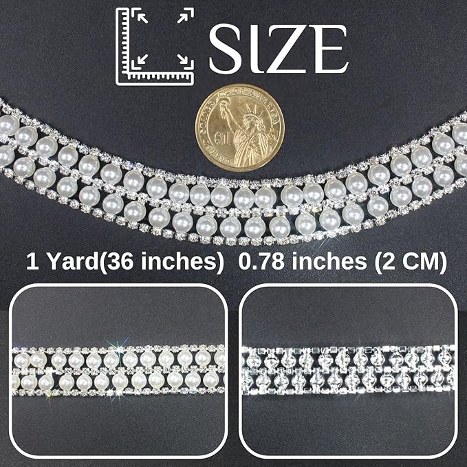 PEARLY JUN 1 Yard Pearl Rhinestone Trim Chain Silver Crystal Fringe Diamond Applique Ribbon String Tassel Strip for Sewing Wedding Dress Crafting Crafts Flower Embellishments