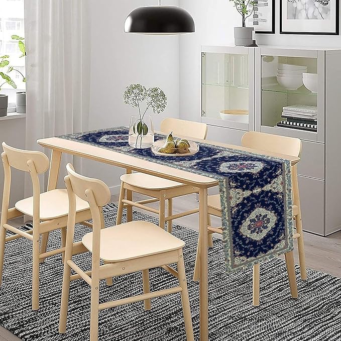 Elegant Palace Boho Blue Table Runner Vintage French Style Farmhouse Geometric Home Farmhouse Kitchen Table Dining Coffee Room Garden Party Wedding Decor 13x60in