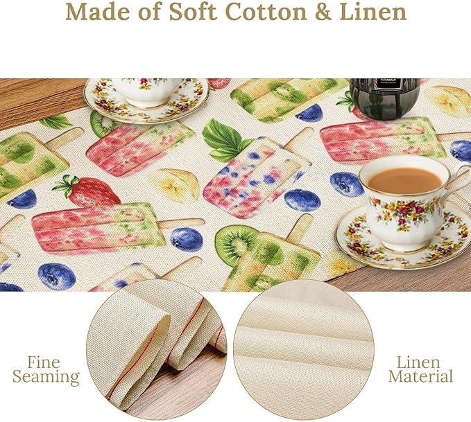 Ice Cream Table Runner, Watercolor Fruit Ice Popsicles Berry Kiwi Cold Summer Desserts Seasonal Dinner Runner for Party Holiday Home Kitchen Dining Table Decor 13"x36"
