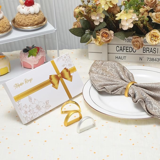 KPOSIYA Napkin Rings Set of 8, Metal Gold Napkin Rings Bulk for Table Settings, D-Shape Napkin Holders Rings for Dinner Table Decor, Easter, Fall,Thanksgiving, Christmas, Party,（Brilliant Gold 8 pcs）