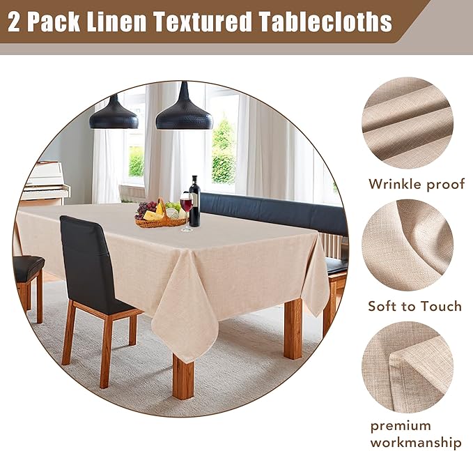 Fitable Linen Textured Beige Tablecloths 2 Pack, Faux Burlap Rectangle Table Clothes for 6 Foot Tables, Rustic Wrinkle-Proof Table Covers for Wedding, Party, Farmhouse, Banquet (54 x 108 Inch)