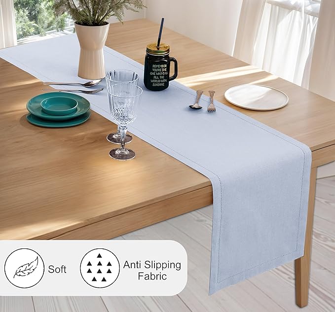 Ruvanti Linen Table Runner 36 Inches, Classic Hemstitch, Washable, Reusable, Non-Slipping, Stain Resistant- Perfect for Parties, Weddings, Dinners, Thanksgiving, Christmas, Indoor use – Arctic Ice