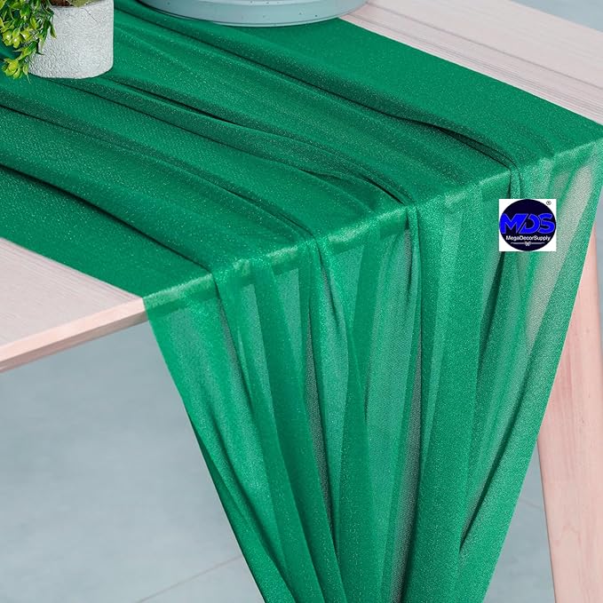 MDS 20 Pack 10ft Chiffon Table Runner 29 x 120 Inches Sheer Wedding Runner Romantic Rustic Table Runner for Wedding Decorations, Birthday Parties, Bridal Shower Party Arch Decor - Emerald Green