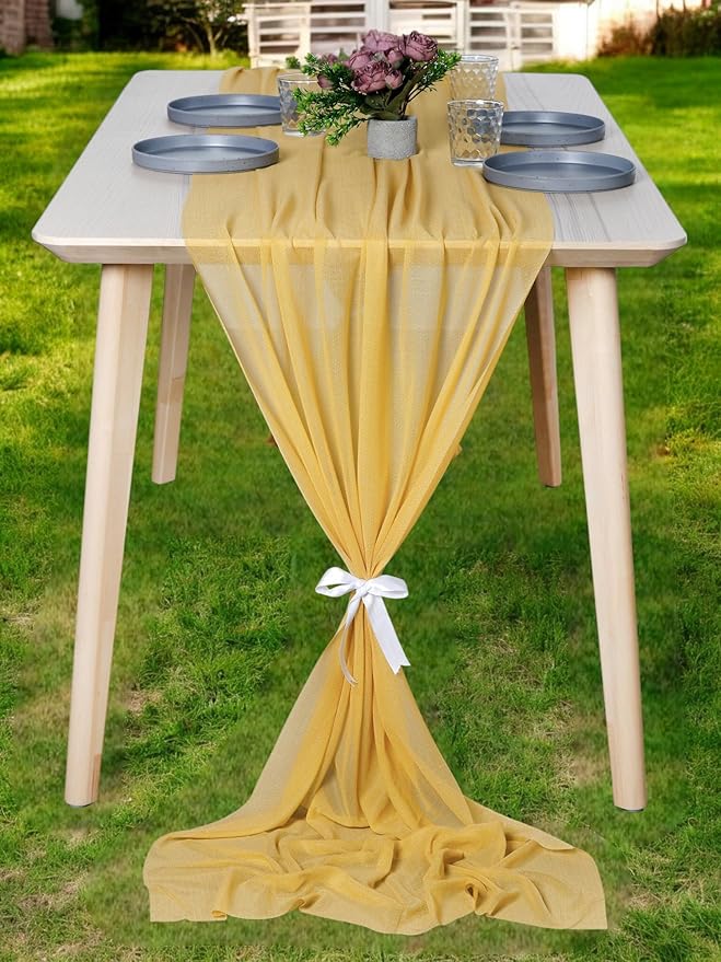 MDS 20 Pack 10ft Chiffon Table Runner 29 x 120 Inches Sheer Wedding Runner Romantic Rustic Table Runner for Wedding Decorations, Birthday Parties, Bridal Shower Party Arch Decor - Gold