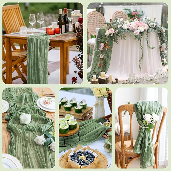 Asee'm 3pcs Cheesecloth Table Runner 120 Inches Sage Green Boho Gauze Cheese Cloth Runner 10FT Rustic Sheer Table Runners for Summer Wedding Baby Shower Holiday Party Decoration