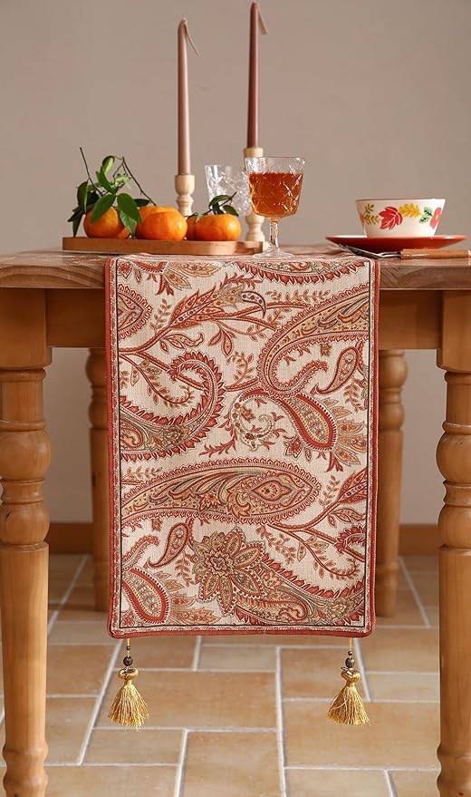 ISAENNE Designer Elegant Red Linen Extra Long Table Runner 118 Inches,Vintage Paisley Pattern Durable Table Runners for Dining Tables,Thanksgiving,Kitchen Tables,Christmas,12"*118"-Chauffrey A