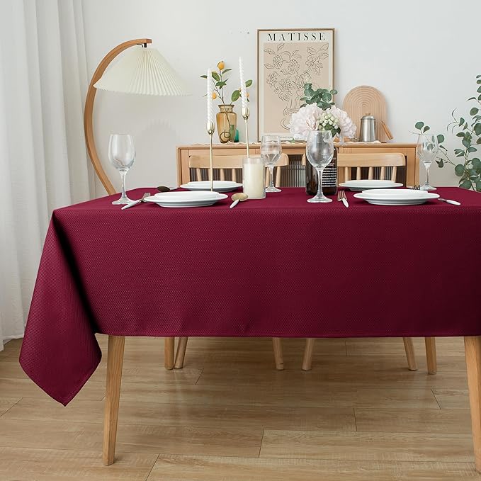 Biscaynebay Textured Fabric Christmas Rectangle Table Cloth 70x120 Inch, Burgundy Water Resistant Tablecloths for Dining, Kitchen, Wedding, Parties etc. Machine Washable