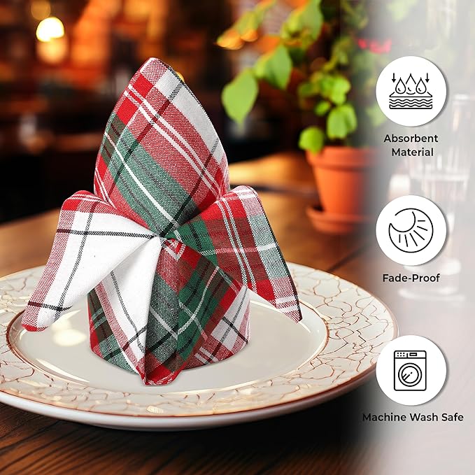 Cloth Napkins Set of 12, Christmas Checks Square 100% Cotton 20x20 Inch