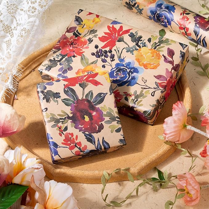 RUSPEPA Watercolor Floral Wrapping Paper, 17 Inches x 16. 4 Feet, Mini Roll, Flower Kraft Wrapping Paper Roll for Women, Girls, Spring, Birthdays, Baby Shower and Bridal Shower