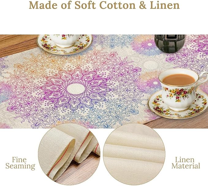 Oriental Mandala Table Runner, Traditional Bohemian Gradiently Purple Pink Blue Mandala Flower Table Runner for Farmhouse Cottage Kitchen Dining Table Decor, 13x70inch