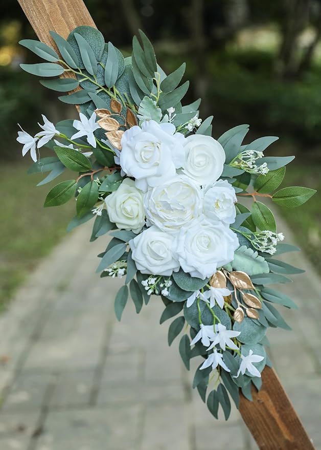 Artificial Flowers Swags Set of 2 in White and Gold Silk for Arches