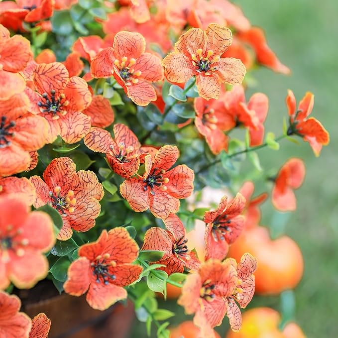 HyeFlora Artificial Fall Flowers Faux Mums for Outdoor Indoor Garden Home Decoration, Faux Flower Daisy with Eucalyptus Leaves Fake Mums Plants Greenery Boxwood Porch Patio, 12 Bundles (Orange)