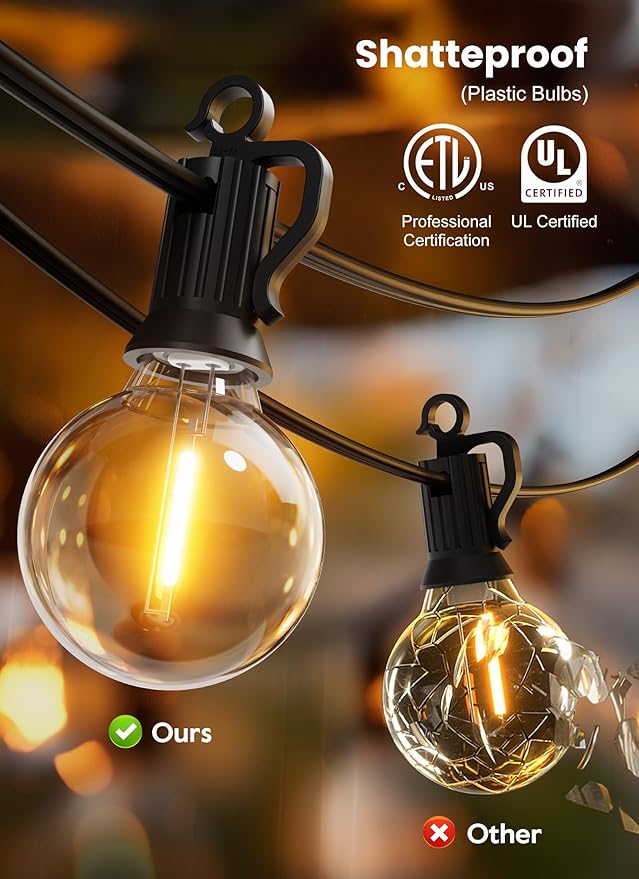 String Lights for Outdoor Patio, 100 FT Warm White G40 LED, Black