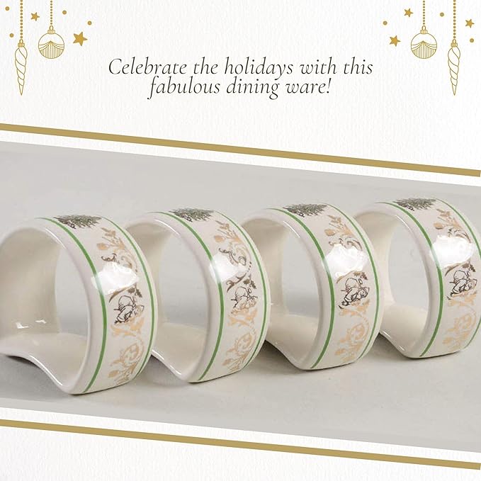 Napkin Rings, Set of 4 Porcelain Christmas Tree Design with Gold Accents