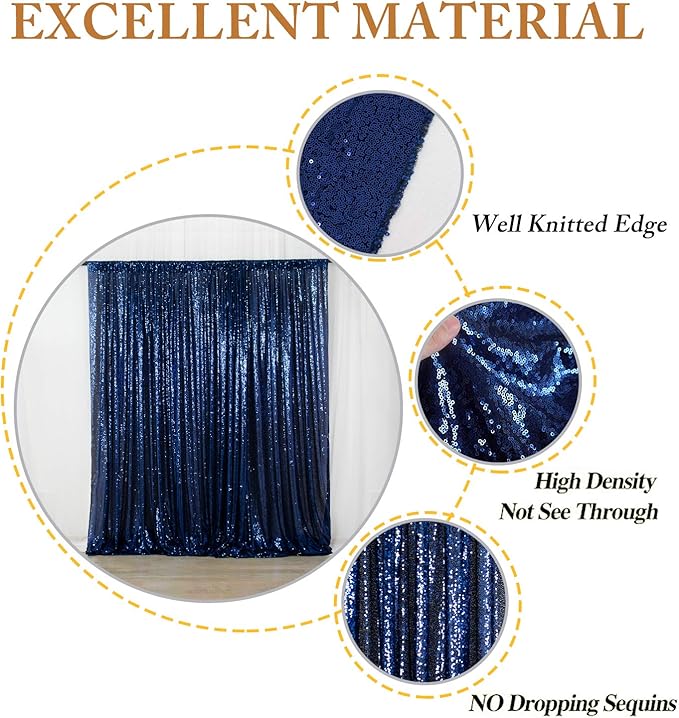 Photo Backdrop Curtain, Navy Blue Sequin, 10 x 10 Ft Shimmer with Rod Pocket