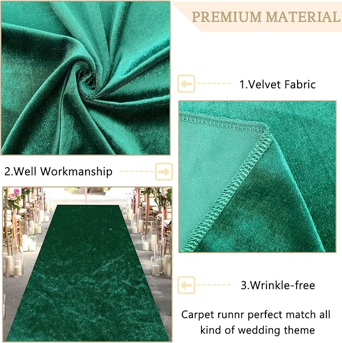 Aisle Runners Emerald Green Velvet, 4 ft x 25 ft, Indoor and Outdoor Use