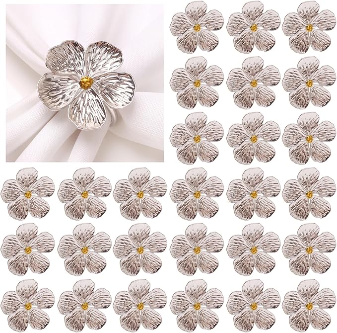 Napkin Rings, Silver Metal Floral Design, Set of 50