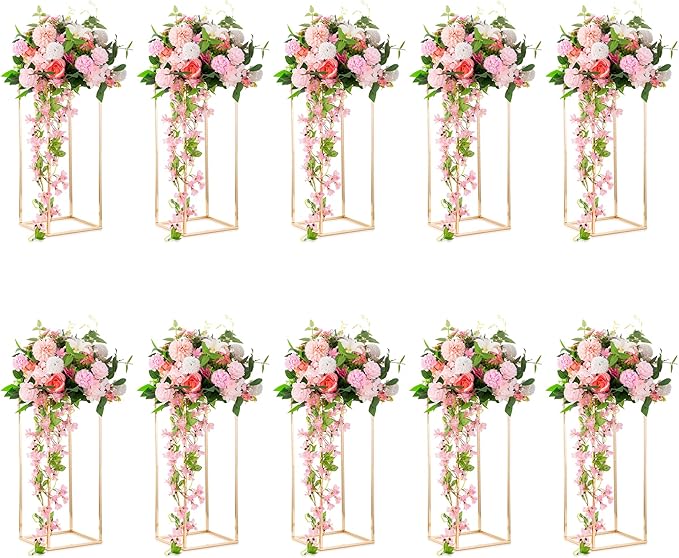 Vase Stand, 23.6-Inch Gold Nickel-Plated Metal Cube Centerpiece