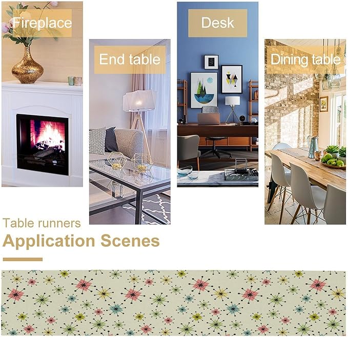 Mid Century Table Runner, Flag Retro Atomic Starburst 1950s Abstract Geometric Space Tabletop Decoration for Home Kitchen Restaurant Table Flag 13x70 Inch