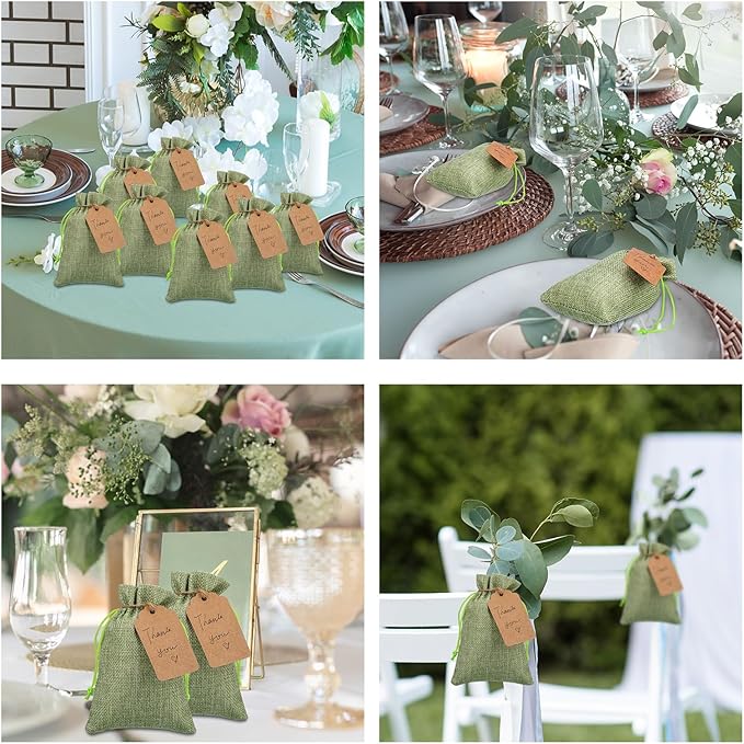 Burlap Gift Bags in Sage Green, 100 Pack with Drawstring