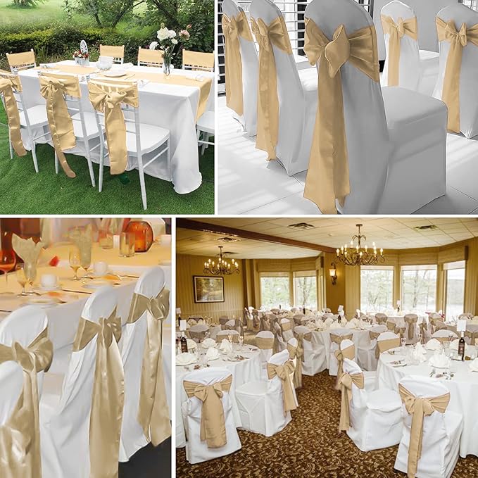 Dining Chair Sashes 60 Pack Champagne Satin 7 x 108 Inch Bows